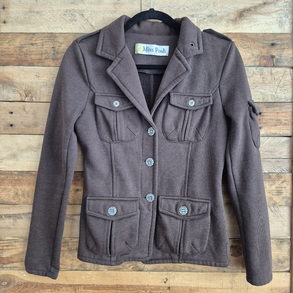 Miss Posh Brown Military Style Jacket Button Front Flap Pockets Epaulets